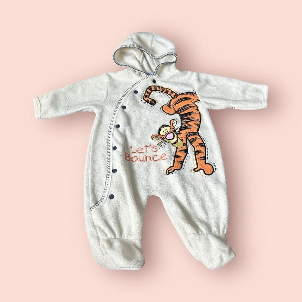 Vintage Disney Baby Cream Tigger Footie Fleece One Piece W/Hood Size 3/6 Months